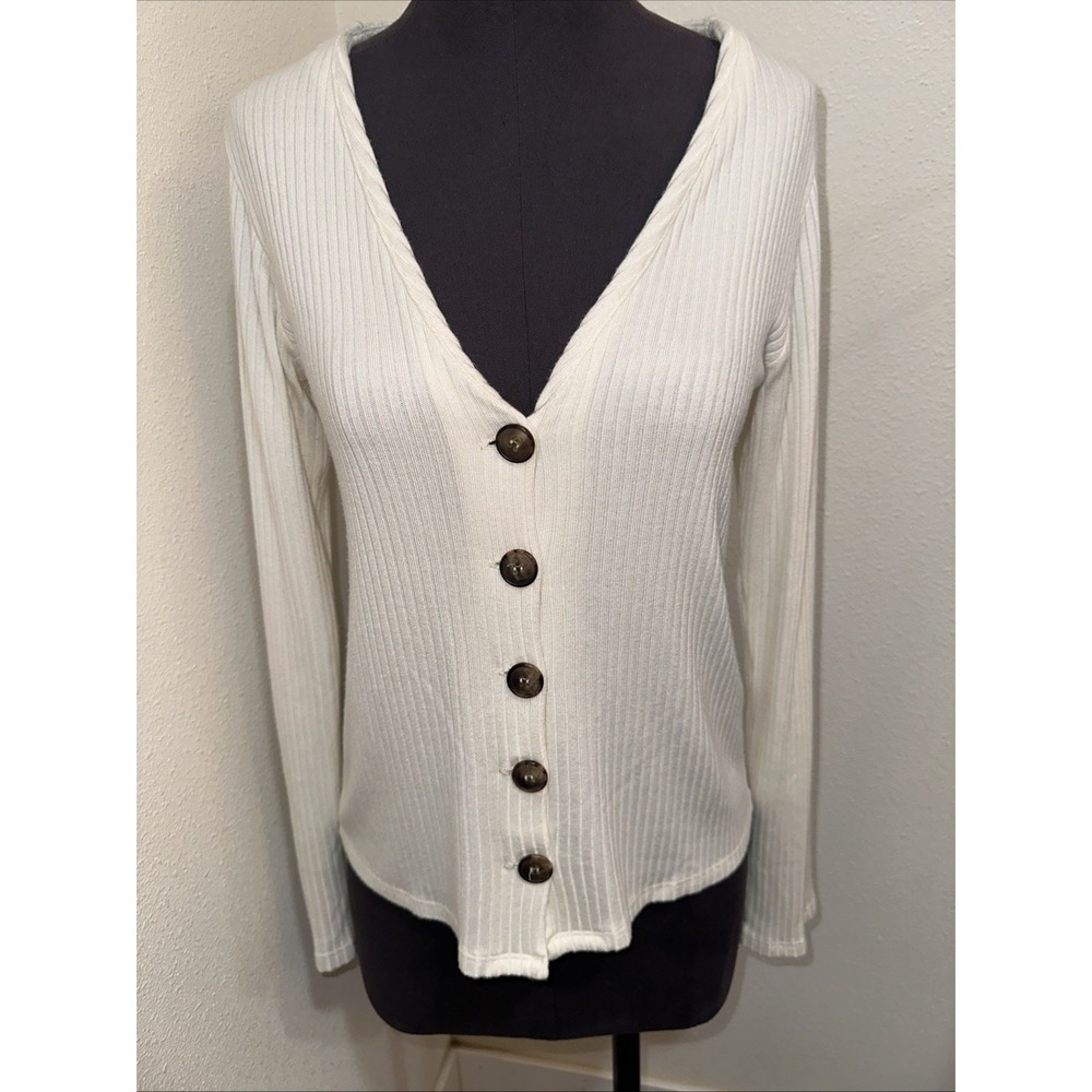 Reformation Jeans Ribbed V-Neck Cardigan Top Ivory White Long Sleeve Small